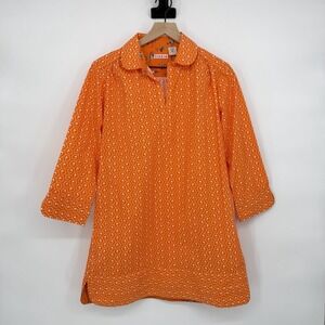 Tizzie Sz M Orange Geometric V Neck Mini Tunic Dress Collared Preppy Resort